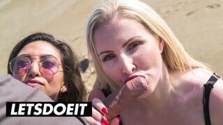 Frida Sante és Georgie Lyall forrón szopogatnak és baszódnak egy méretes faszon a strandon